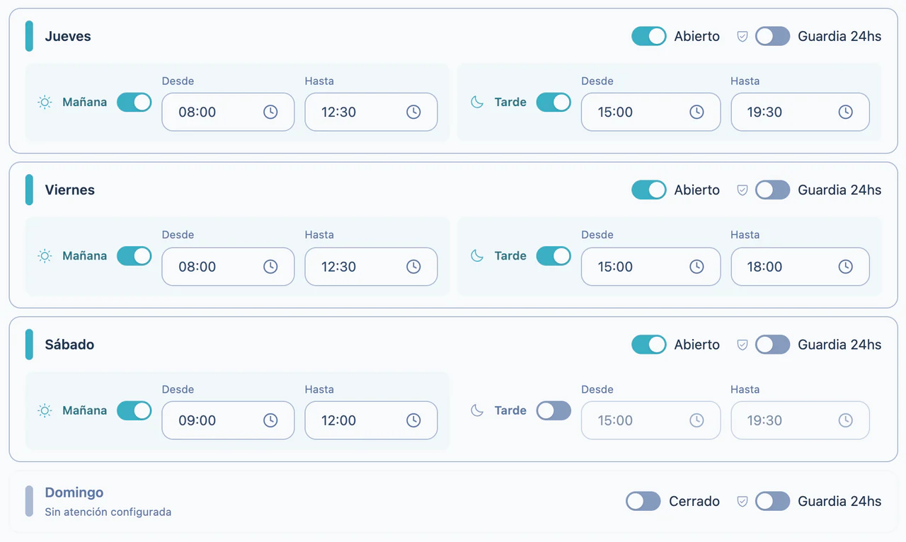 Los horarios de atención del consultorio en la configuración de meltolify med, de jueves a domingo: cada día abierto o cerrado, con su horario de mañana y de tarde; el viernes la tarde termina antes, el sábado se atiende sólo a la mañana y el domingo está cerrado